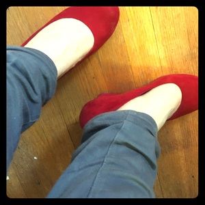 Red microsuede wedges